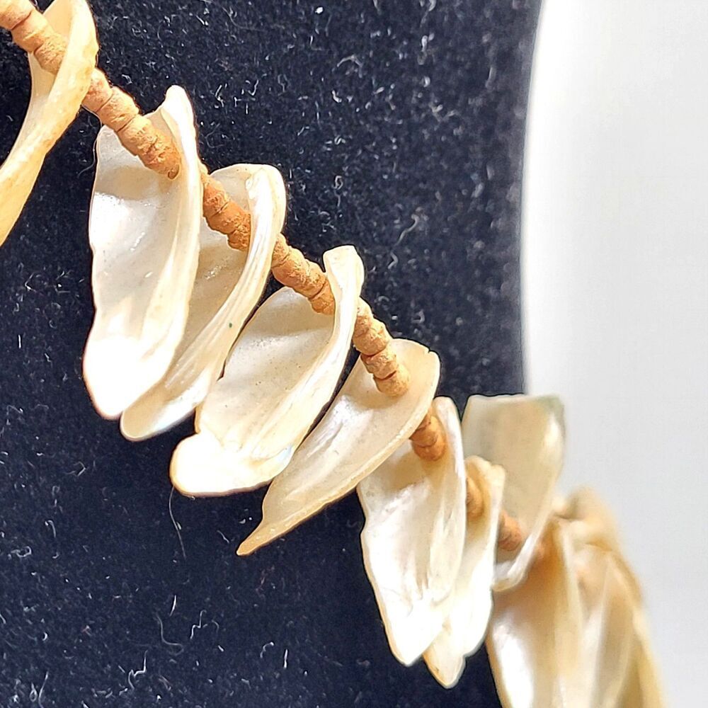 Bohemian Raw Shell Necklace Heishi Wood Beads 16in
